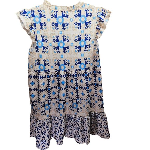 SHEIN Women Cream Blue Floral Damask Dress Size Small - Picture 6 of 6